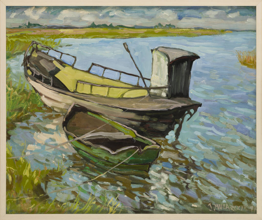 Józef Mularczyk (1916-2009), ”Łodzie na kanale Łeba”, olej, płótno, 1977 r.