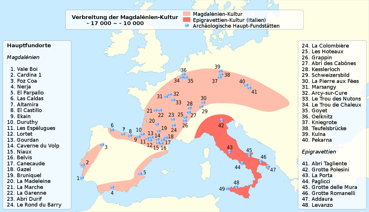 Zasięg kultury magdaleńskiej w Europie (kolor bladoróżowy) i jej główne stanowiska archeologiczne (fot.Semhur/Wikipedia)