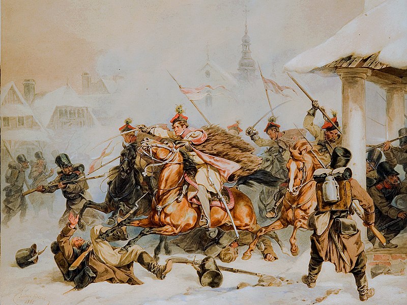 Akwarela Juliusza Kossaka Szarża krakusów na Rosjan w Proszowicach 1846  ( fot.Wikipedia)