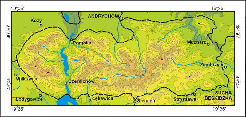 Beskid Mały Hipsometria. 2006. Authors: Paweł Nejfeld & Piotr Nejfeld.  (fot.Wikipedia)