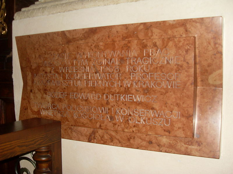 Tablica pamiątkowa w Bazylice pw. św. Andrzeja w Olkuszu, w miejscu tragicznej śmierci Józefa Dutkiewicza  (fot.Miezian/Wikipedia)