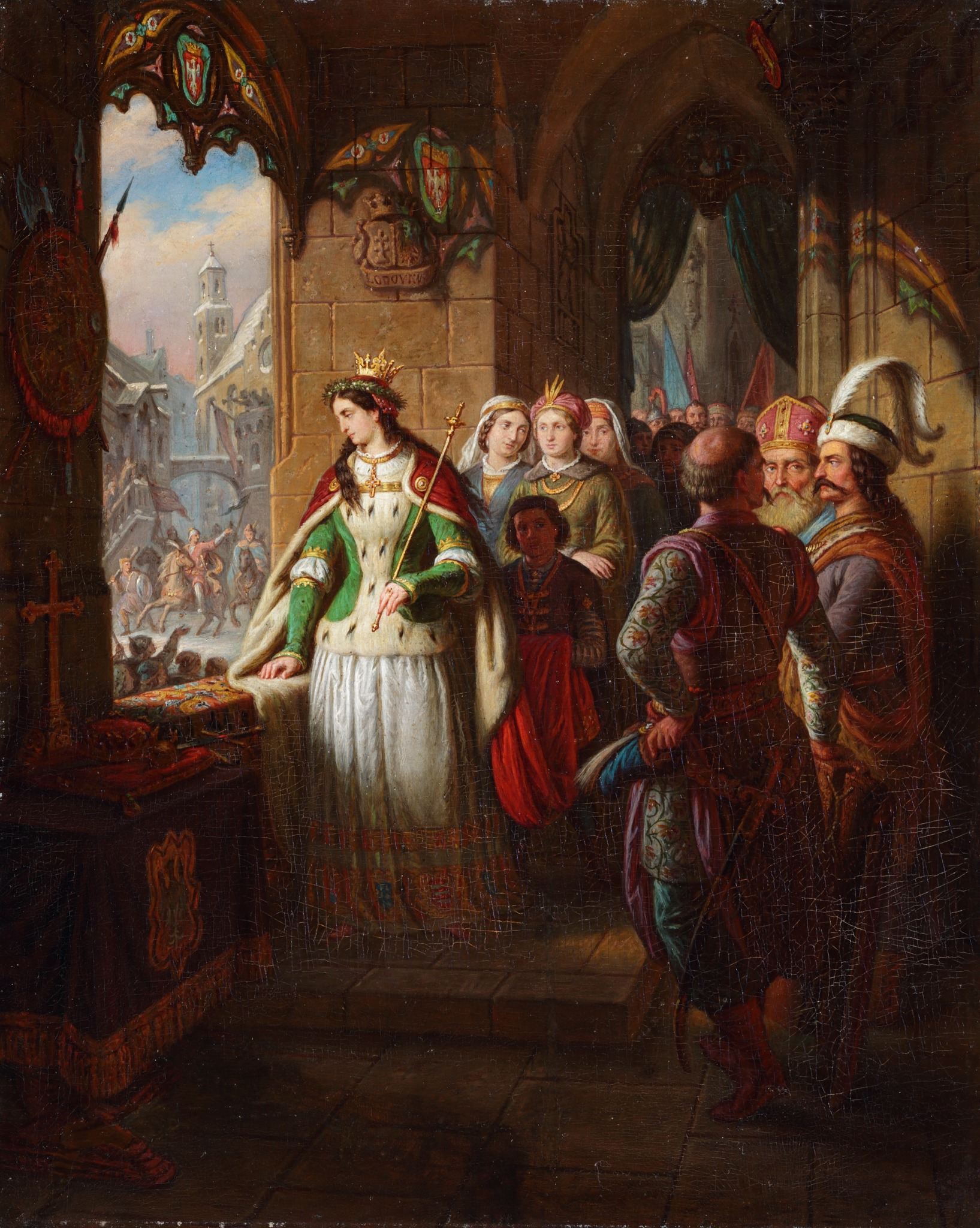 Obraz z wawelskiej kolekcji: Aleksander Lesser, Jadwiga przypatrująca się wjazdowi Jagiełły na zamek krakowski ( fot. Instytu Filologii Słowiańskiej UJ)