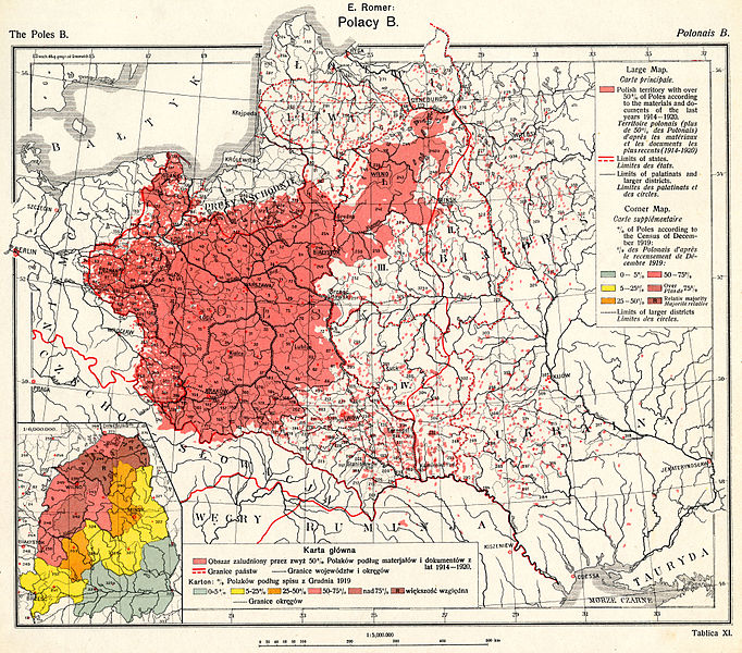 Mapa etnograficzna rozmieszczenia ludności polskiej autorstwa E. Romera. wykorzystana przez delegację Polski na konferencji paryskiej (fot. Maproom/Wikipedia)