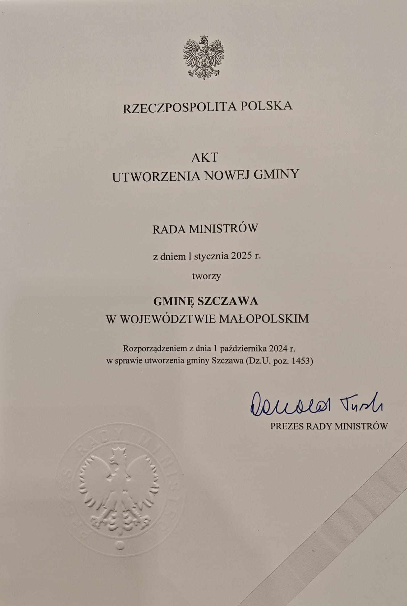 Akt utworzenia nowej gminy. Fot. UG Szczawa