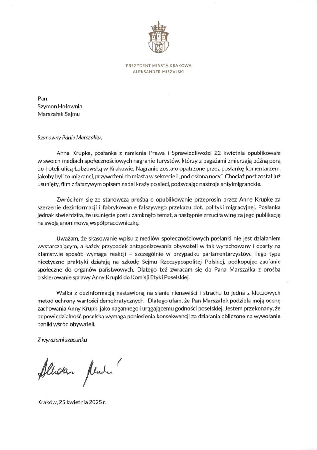 List Aleksandra Miszalskiego do Szymona Hołowni/ Facebook