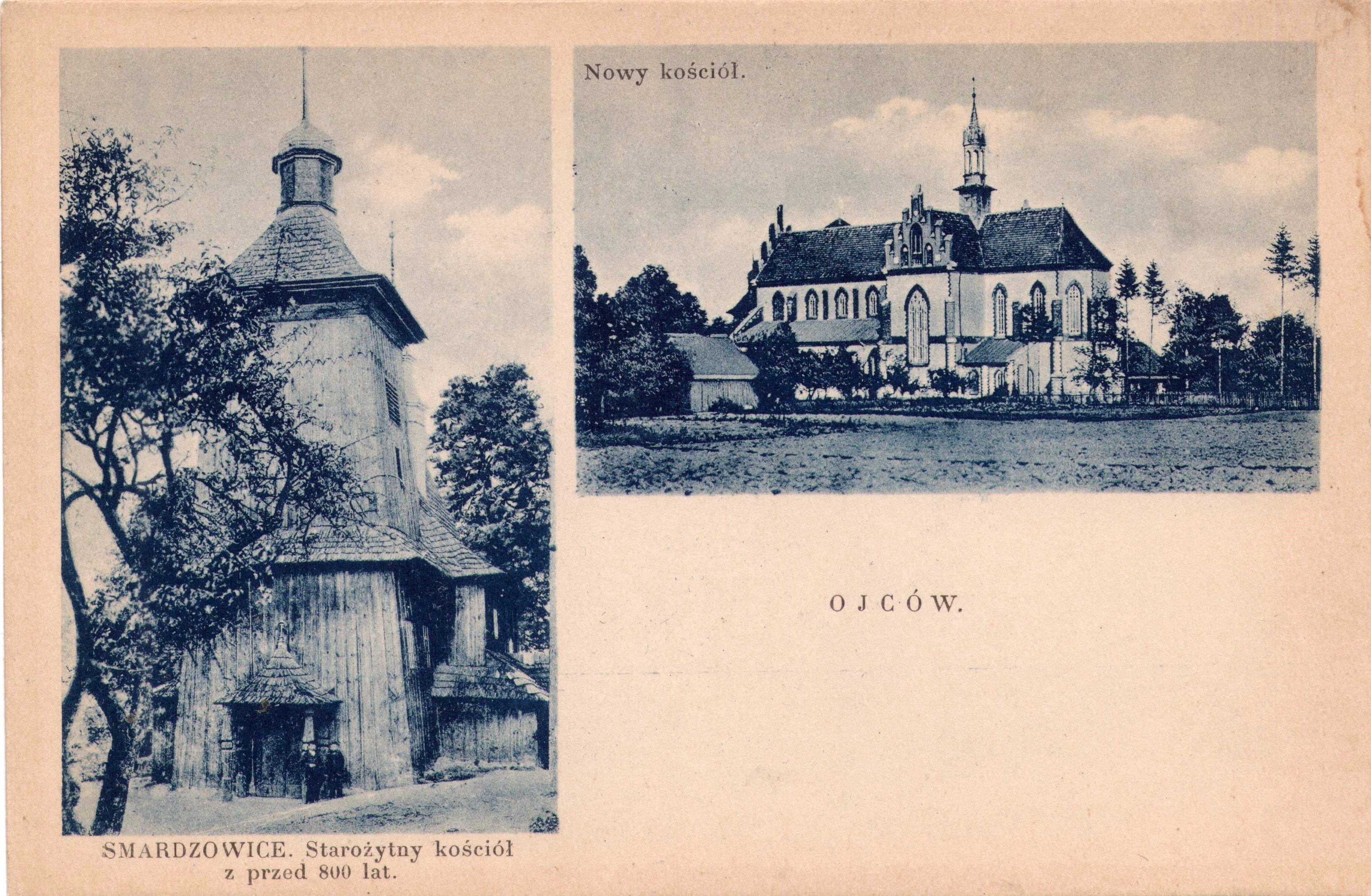 OJCÓW SMARDZOWICE. Starożytny kościół z przed 800 lat. Nowy kościół. Nakł. Edwarda Chmielewskiego w Ojcowie ok.1930r. (ze zbiorów Marka Piotrowskiego)