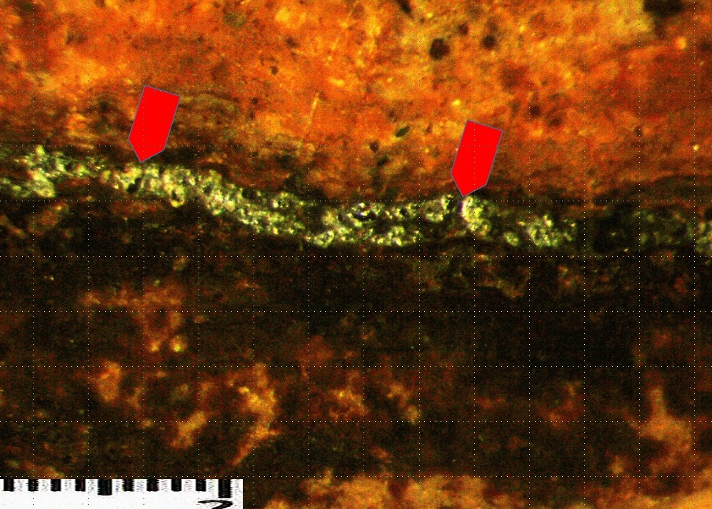 Mineralizacja hematytowo-syderytowa z pirytem i markasytem (strzałki)  oraz czarnymi minerałami manganu