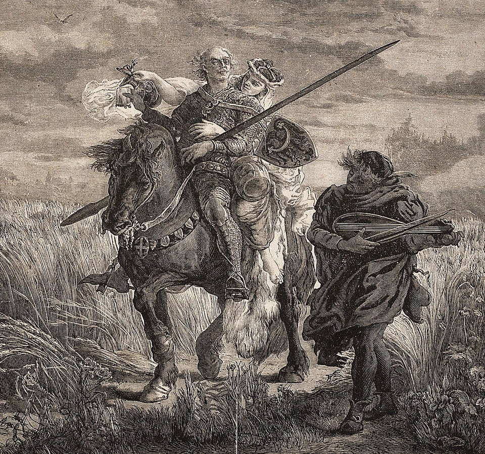 Bolesław Łysy Rogatka ( 1220 -1278), książę legnicki, z Zofią de Doren i swym ulubionym lutnistą, drzeworyt na podstawie rysunku Jana Matejki, 1879 - fot. Tygodnik Ilustrowany 1879 nr 205/Wikipedia