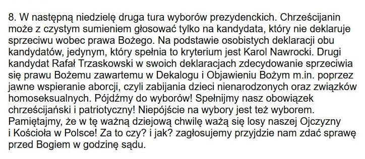Ogłoszenie ze strony internetowej parafii w Szczawie