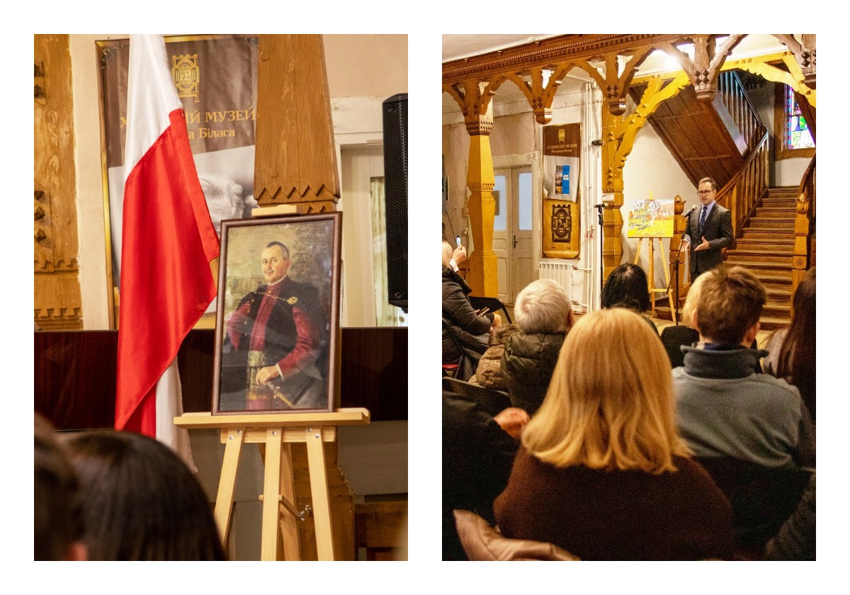Fotografie z uroczystej akademii w willi Goplana z udziałem przedstawicieli władz Truskawca oraz Konsulatu RP we Lwowie  z okazji 150 rocznicy urodzin Rajmunda Jarosza w marcu 2025 roku. Fot. dzięki uprzejmości p. Mykoły Iwanyka