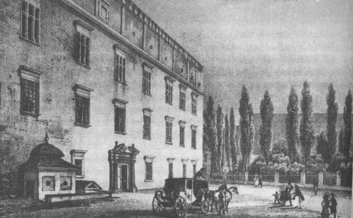  Stara fasada Pałacu Wielopolskich od zachodu w 1836 r. przed pożarem  (fot. J.N.Głowacki/Wikipedia)