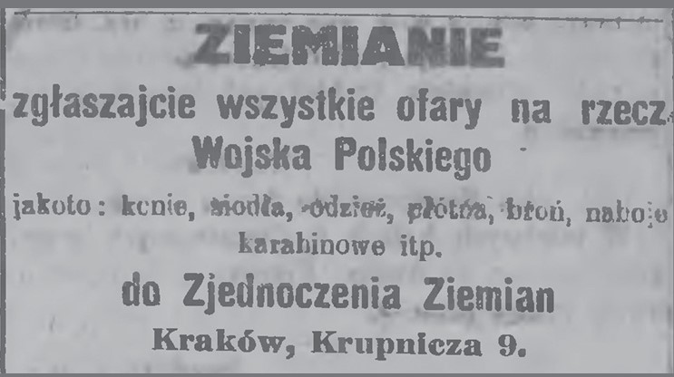 Wezwanie Zjednoczenia Ziemian w Krakowie drukowane w 1920 r. ma łamach „Czasu”, 14 VII 1920