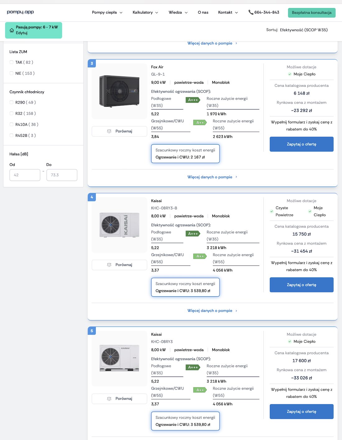 Widok rankingu pomp ciepła dopasowanych do mocy - źródło: Pompy.app.