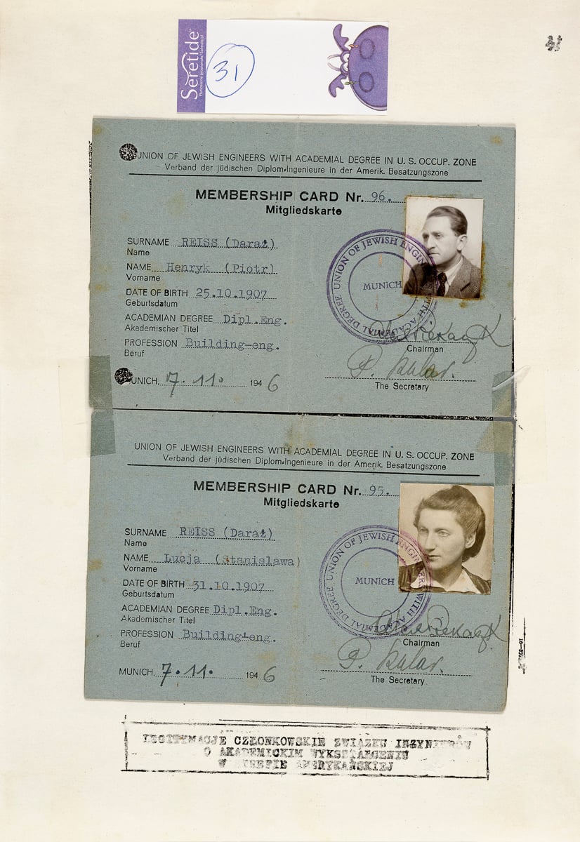 Legitymacje członkowskie Związku Inżynierów Żydów w amerykańskiej strefie okupacyjnej, wystawione w Monachium w 1946 roku. Zarówno Henryk, jak i Łucja funkcjonowali wtedy pod podwójną tożsamością. Dokumenty ze zbiorów rodziny / ŻMG