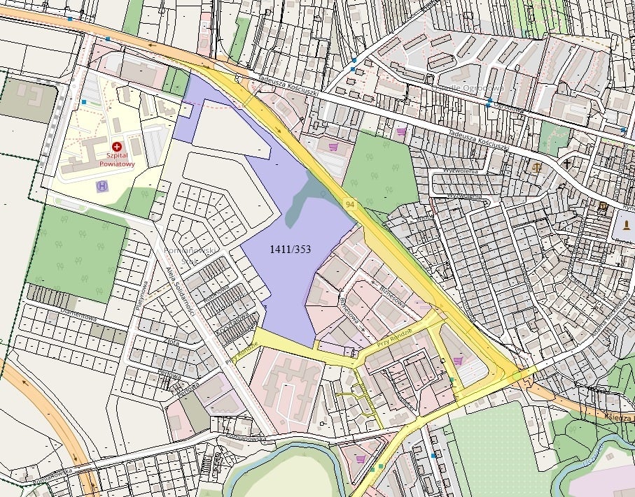 Fioletowym kolorem zaznaczono lokalizację działki, na której ma zostać wykonany odwiert. źródło: Dokumentacja przetargowa UM Brzesko