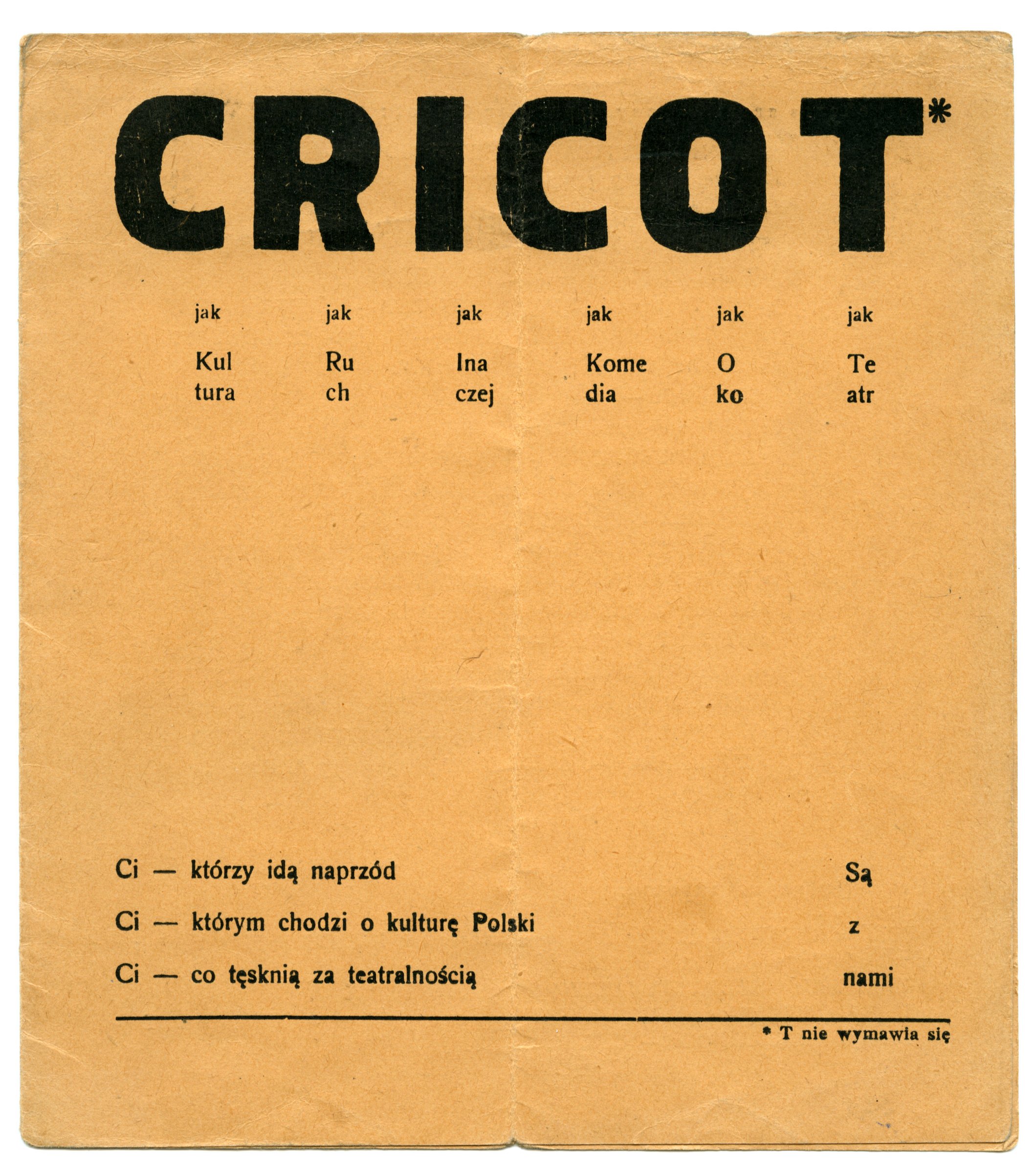Program teatru Cricot z wyjaśnieniem nazwy teatru na okładce, 1938 lub 1939, druk, Archiwum Karoliny Czerskiej