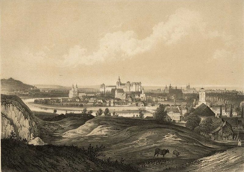 Widok na Kraków z Krzemionek, liografia ok. 1850 r. (fot.Wikipedia)