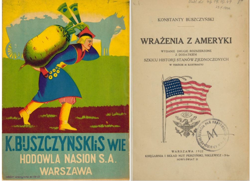 Plakat,  za zgodą Pawła Jakubca, Dyrektora Biblioteki Głównej Uniwersytetu Rolniczego w Krakowie. Wrażenia z Ameryki Konstantego Buszczyńskiego, Polona 