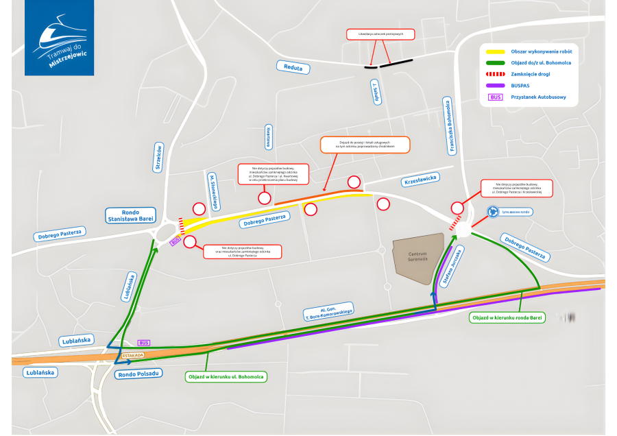 Mapa objazdów w związku z zamknięciem ul. Dobrego Pasterza. Sprawdź, jak jechać. Źródło: krakow.pl