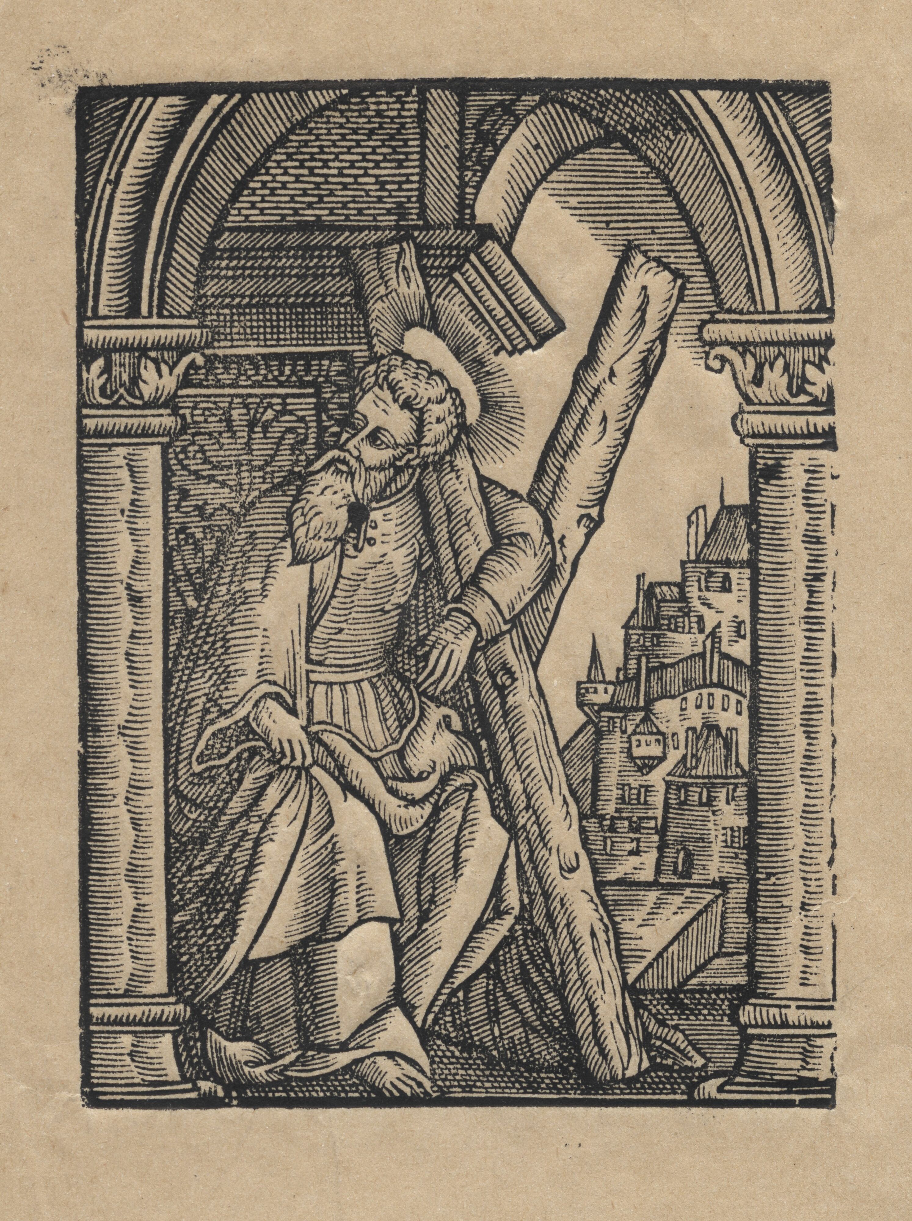 św. Andrzej Apostoł, drzeworyt, autor nieznany, Kraków, XIX-wieczna odbitka z klocka drzeworytniczego wykonanego około 1587 roku, ze zbiorów Muzeum Etnograficznego w Krakowie