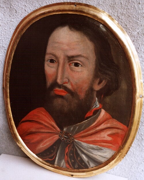 Portret imaginacyjny Jaksy Gryfity ze szczytu pomnika przyściennego wzniesionego na pamiątkę fundatora, XVIII wiek, Bazylika Grobu Bożego w Miechowie (fot.Wikipedia)