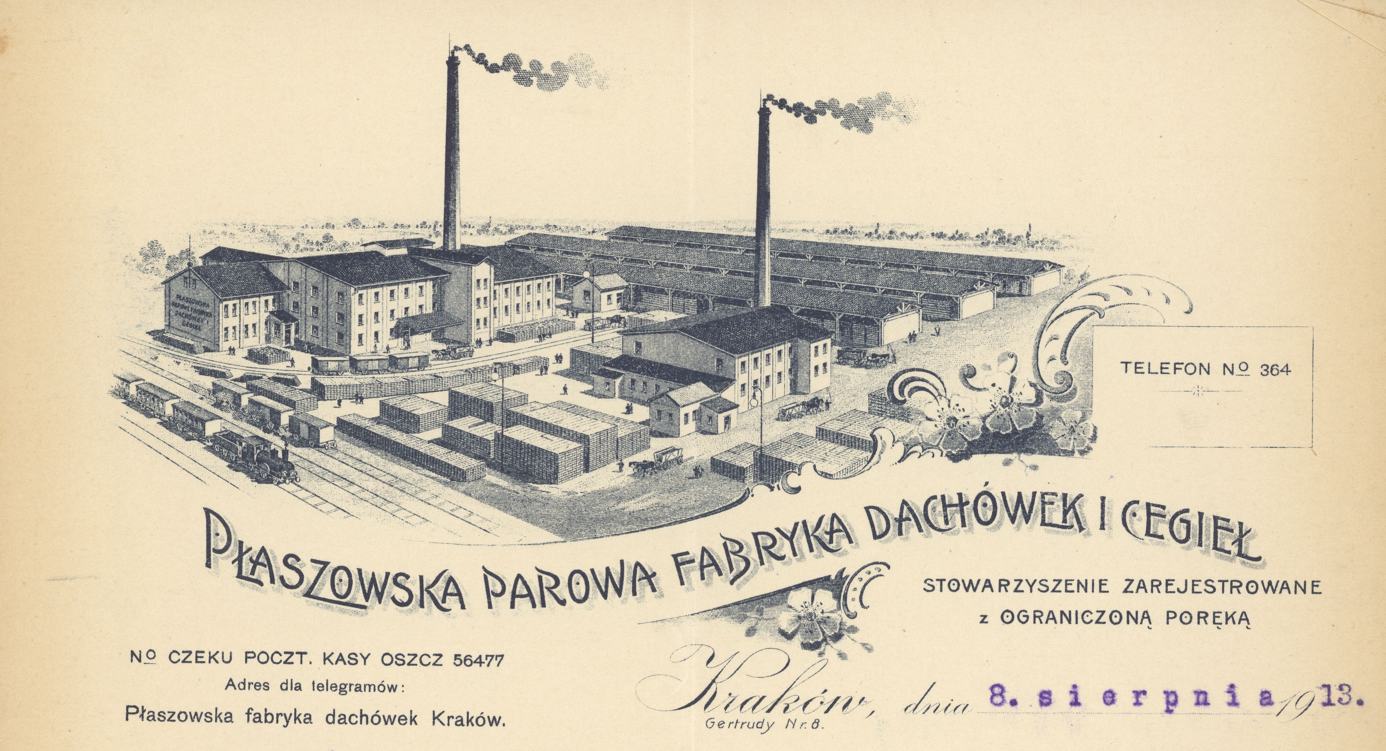Winieta papieru firmowego Płaszowskiej Parowej Fabryki dachówek i cegieł. Stowarzyszenia z ograniczoną poręką, 1913. Z zasobu Archiwum Narodowego w Krakowie