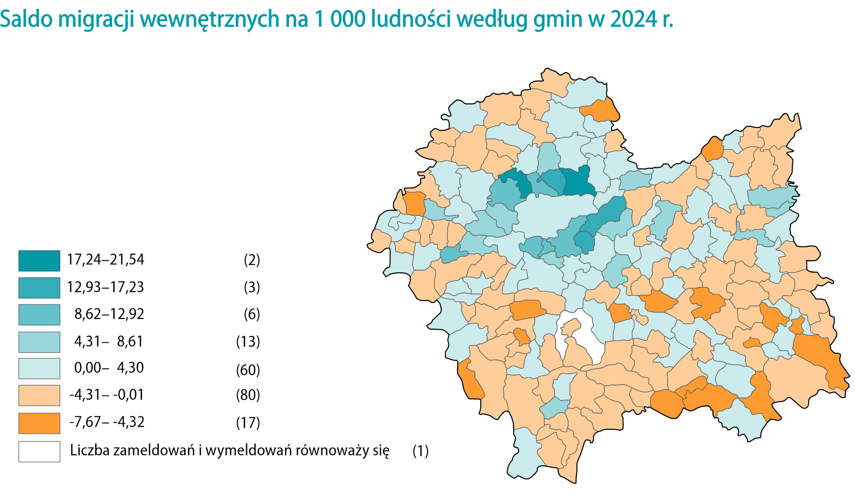 Saldo migracji wewnętrznych na 1000 ludności - gminy - 2024. Grafika US Kraków