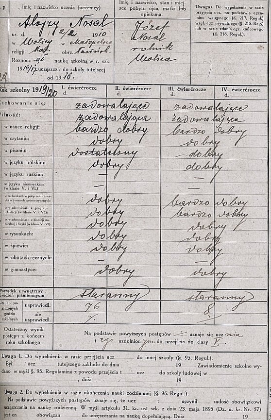 Arkusz ocen Alojzego Nosala z kl. IV Szkoły 5-klasowej Męskiej w Dębicy. Rok szkolny 1919/1920. 