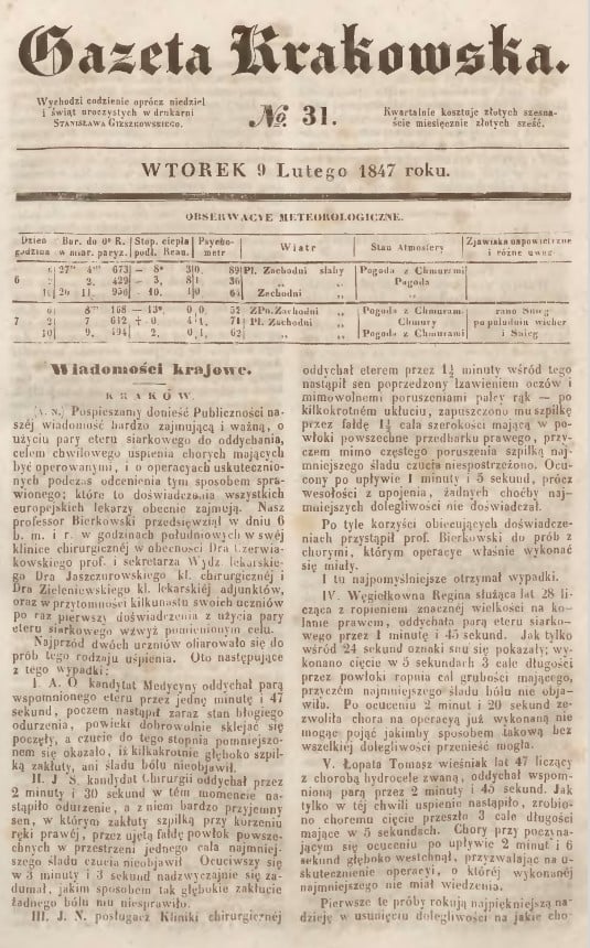 Doniesienia prasowe o pierwszym na ziemiach polskich znieczuleniu eterem. Jagiellońska Biblioteka Cyfrowa