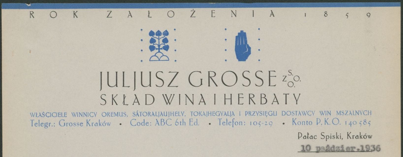 Winieta papieru firmowego przedsiębiorstwa Juliusza Grosse zaprojektowana przez Franciszka Seiferta, lata 30. XX w. Z zasobu Archiwum Narodowego w Krakowie (sygn. 29/589/4)